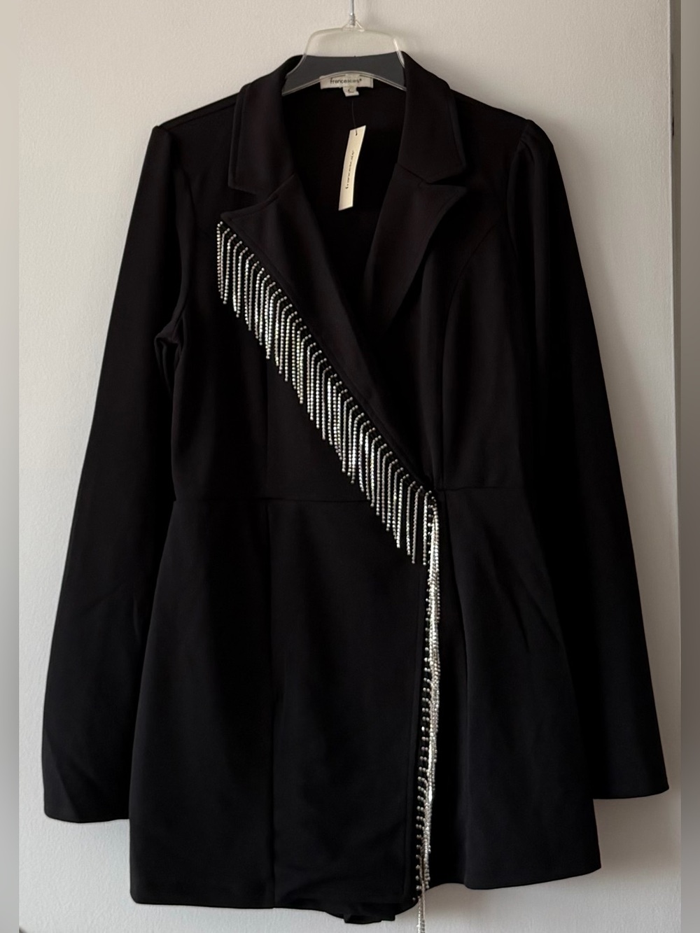 NWT Francesca's Victoria Rhinestone Fringe Blazer Romper Black Size Large